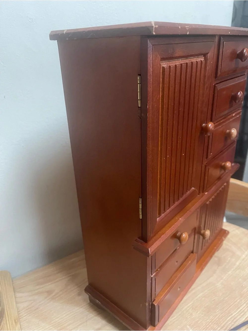 Vintage Mele Tall Wooden Jewelry Box with Seven Drawers and Drawers Mirror